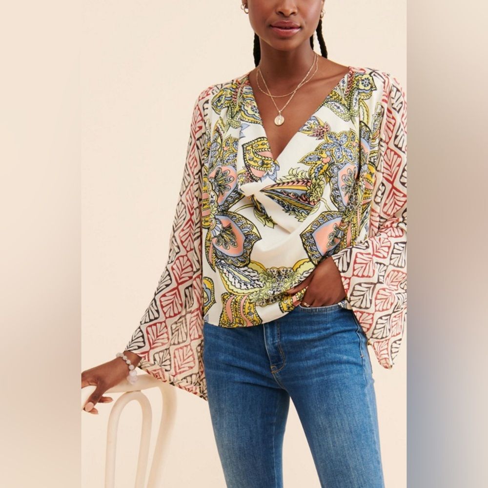 Free People Aleena Boho Printed Scoop Neck Blouse Size Small EUC